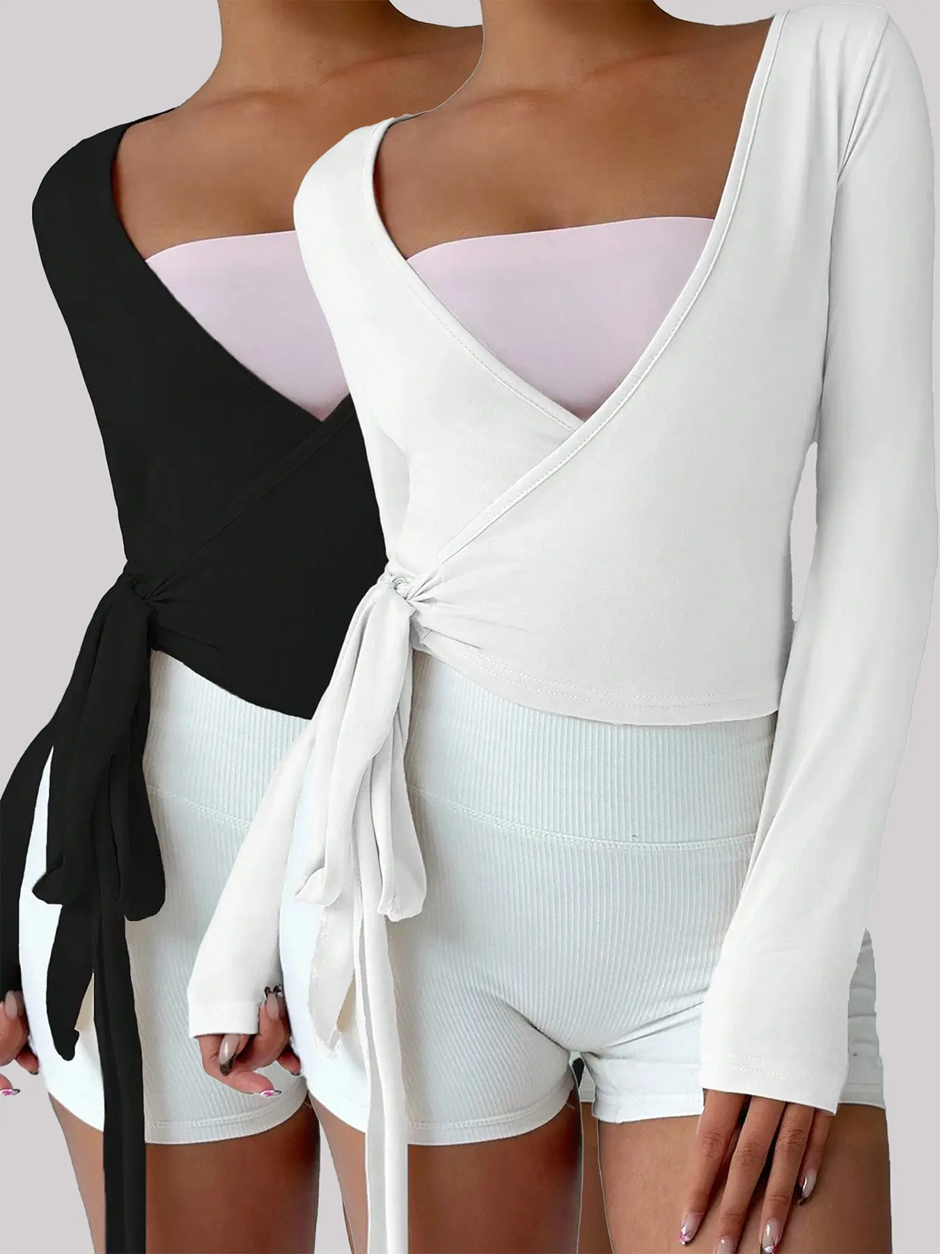 Women's Multi-Color Yoga Fitness Sport Cardigan-style V-Neck Tie-Waist Long-Sleeve Fitted Crop Top Two-Piece Set, Casual Sportswear Outfit, Athleisure Outfits, Item for Spring and Autumn, Matching Workout Set, Athletic Sportswear, Workout Gym Outfit