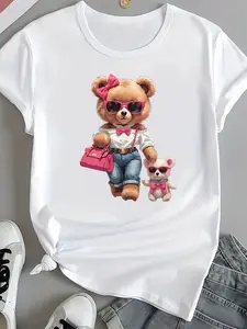 Women's Casual Short Sleeve T-Shirt with Adorable Teddy Bear & Graphic, Round Neck, Soft Stretch Fabric, Machine Washable, All-Season Comfort, Regular Fit, Teddy Bear T Shirt, Comfortable Pullover, Playful Design, Medium Elasticity