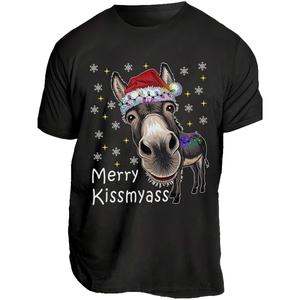 Men's Funny Donkey Santa Hat and MERRY KISSMYASS Christmas Print T-Shirt - Unisex Casual T-Shirt - Adult Humor Holiday Party Outfit