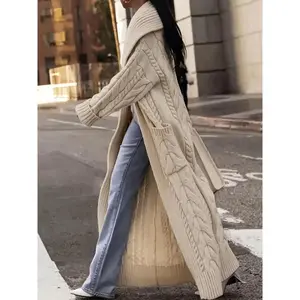 Thick Cable-Knit Cardigan Sweater Coat with High Collar for Spring, Autumn, and Winter