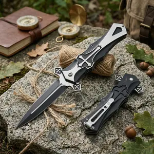 【Nomad Ridge】FathersDayGift Black Silver CelticCross Metal Handle High Carbon Steel Blade High-Hardness Stainless SteelBladeMultifunctional Portable Outdoor FruitKnifeCamping Knife Free Experess