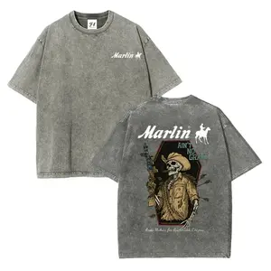 Vintage Marlin Cowboy T-Shirt Skeleton Gunman with Rifle and Arrows Retro Washed Cotton Shirt for Western Fans, Cowboy Core Graphic Tees, Quarter Zip Men, Lemon Demon Logo Print, Truck Fit Clothes, Gift for Gorlock Destroyer Fans,birthday gift