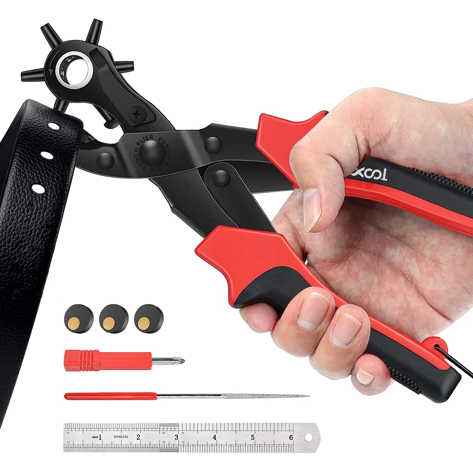XOOL Leather Hole Punch Set – Revolving Punch Plier or 2-in-1 Eyelet Tool, Heavy Duty Rotary Puncher with Multi Sizes, Metal Eyelets Kit for Belts, Shoes, Straps, Fabric, DIY Crafts