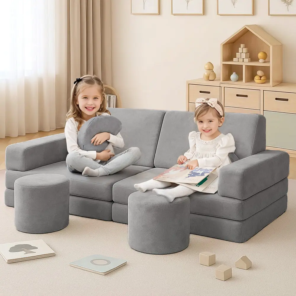 14Pcs Kids Play Couch, Caveen Baby Playroom Furniture Convertible Foam and Floor Cushion for Toddler,Gray