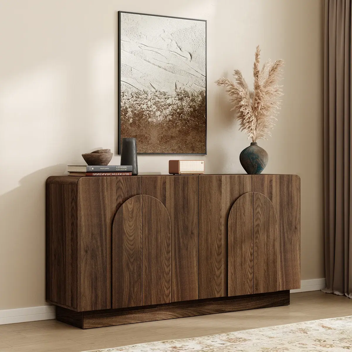 【SummerFinds】ONBRILL Sturdy Wood 60" Curved Edge Sideboard Buffet Cabinet - Indoor Cupboard with 4 Arc-Shaped Door Handles, Adjustable Storage Shelves, Configurable Design, Child-Friendly Modern Living Room Furniture, Assembly Required