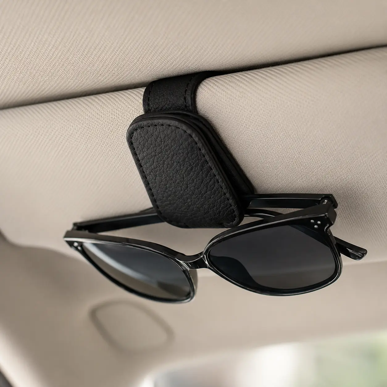 Magnetic leather sunglasses stand Car sun visor - 2-in-1 glasses holder and ticket card stand | Premium car Sun visor accessory (1 pack, black/gray)