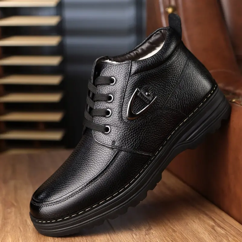 Men's Thick Warm Cotton Footwear - Closed, Casual Outdoor Boot, Leather Closed-Toe Winter Shoes