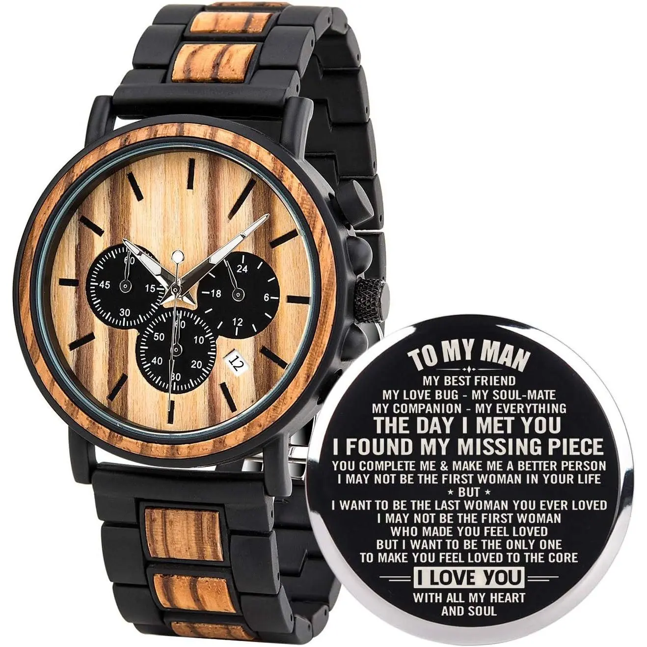 Mens Personalized Engraved Wooden Watches, Stylish  & Stainless Steel Combined Quartz Casual Wristwatches for Men Family Friends Customized Watch