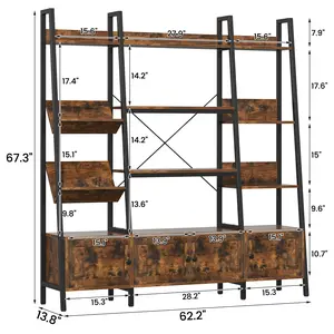 Rustic Industrial 6-Shelf Bookcase with Locking Cabinet, 67.3" Tall Corner Bookshelf for Home Office & Library, Multi-Cubby Book Shelf Decorations & Storage for Study or Living Room