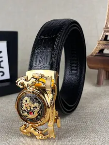 Men's and Women's Twin Horse Relief Design, Dragon Pattern Alloy Automatic Buckle Belt, Trendy and Fashionable, Novel, 1.38in/3.5cm Wide Ratcheting Belt, Gold Metal Decorated Buckle Belt, Christmas Gift, Valentine's Day Gift.