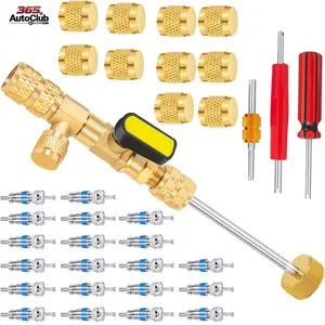 Dual Size SAE 1/4"& 5/16" Schrader Valve Core Remover Installer Tool Kit, Comes with 20PCS Teflon Seal Valve Cores and 10PCS Brass Nuts, Professional HVAC AC Repair Tool for R22 R32 R410A Refrigerant Systems