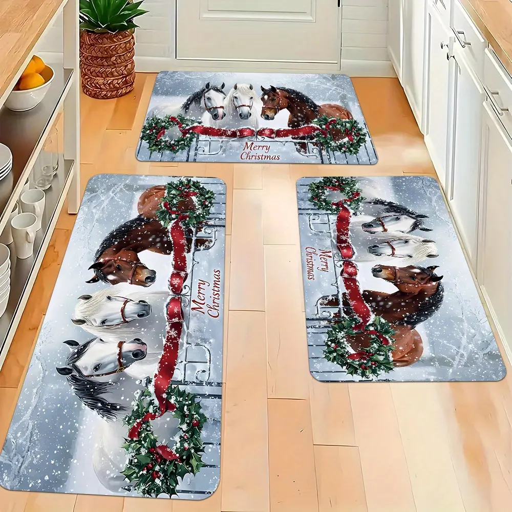 2pcs/3pcs Christmas Kitchen Mat Set, Featuring Merry Christmas And Horse Designs, Cushioned Runner Carpet, Flannel Mats, Suitable for Living Room, Dining Room, Bathroom, And Entryway