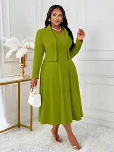 Plus Size Workwear Set - 2 Piece Midi Dress & Blazer for Office & Daily Fall Looks, oversized tshirt women plus size tops sweatshirts outfit sets women plus size sets short sets women loungesetwomen white dress curvy women dress Formal Womenswear