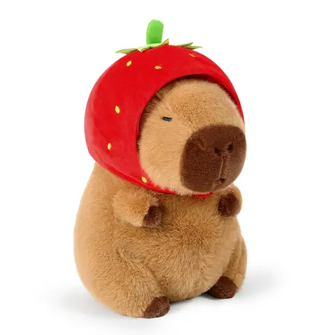 PEACHCAT 9in Brown Capybara Stuffed Toy with Strawberry Head & Detachable Hat, Soft PP Cotton Unisex Kids Toy, Recover-Easy Packing Charm, Soft Cuddly Birthday Gift & Decoration for Sofa or Car