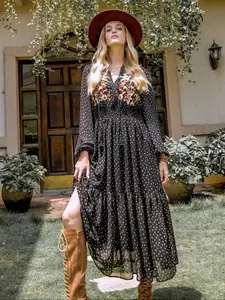 Plus Floral Dot Embroidered Ruffle Hem Shirred Tie Neck A Line Dress, Dress for Women Lady, Boho Bohemian Fashion Casual Wear, Bishop Sleeve Long Sleeves Dress for Daily Wear, Women Plus Clothing, Embroidery, Womenswear