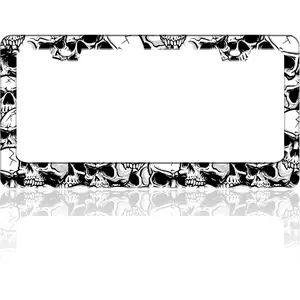 Skull License Plate Frame Black White Skeleton Stainless Steel License Plate Holder for Front or Rear  Tags Funny for  Decoration Accessories with Screws 6.3 X 12.2 in for Women Men