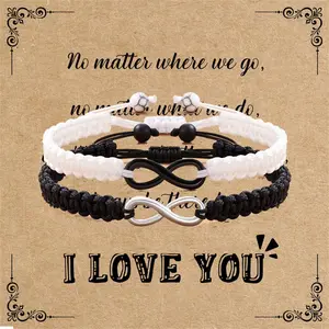 Stainless Steel 8 Infinity Couple Bracelet Braided Leather Rope Bangle Adjustable Chain Fit 7-9 Inch for Lover Friendship Perfect Gift