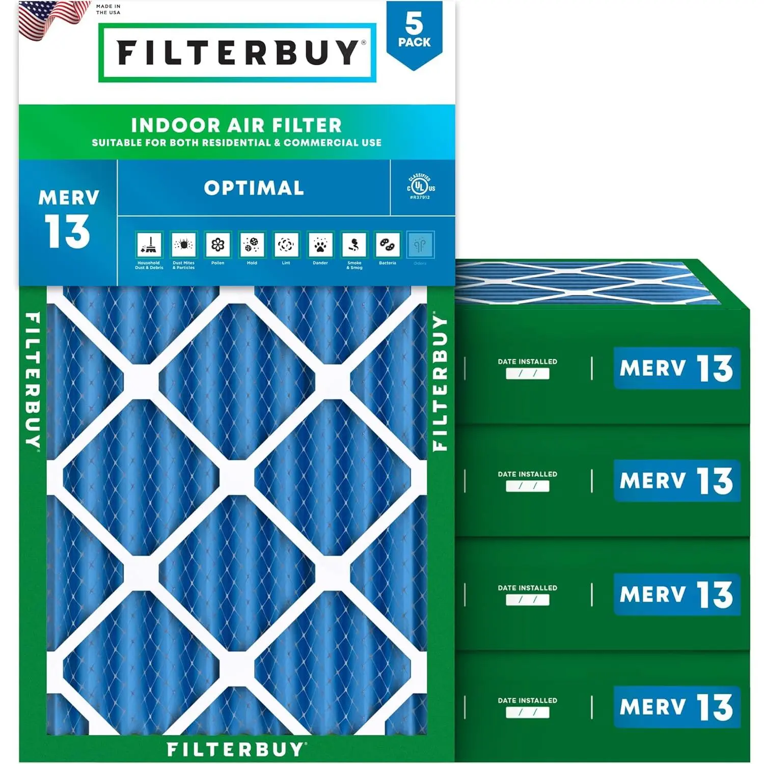 New Filterbuy Rectangular Eco-Friendly 16x25x4 Air Filter (5-Pack) - Pleated MERV 13 Polypropylene HVAC AC Furnace Filters, Slide-In, Electrostatic Charge, Particle Capture, Endures 200°F, Withstands Moisture, 15.5x24.5x3.63 Actual Size, Residential Use