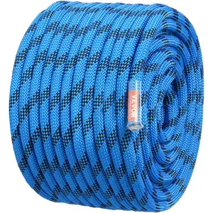 【fathersdaygift】VEVOR 12.7mm Static Climbing Rope, 45.7M(150ft) Outdoor Rock Climbing Rope 32KN Breaking Tension, Fiber Rope with Steel Snap Hooks for Escape, Rappelling, Fire Rescue, Blue