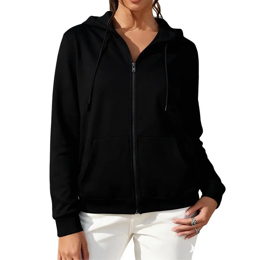 Women's Zip-Up Hoodie - Black Fleece French Terry Top with Kangaroo Pocket, Oversized Cozy Gym-to-Streetwear Frontzip Fleecy Activewear for Casual Lounging, Comfortable Stylish Womenswear Piece, Zip Up Hoodies, Fleecy Women's Hoodies