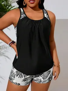 Plus Size Women Random Print Tankini Swimsuit Dress For Summer Beach Vacation