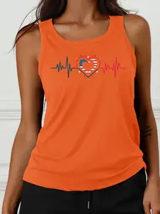 Fun Heart Element Independence Day Print Sports Tank Top, Casual Fitted Women's Yoga Vest, Yoga Workout Vest, Sports Fitness Vest, Sporty Cami Top, All Seasons Activewear
