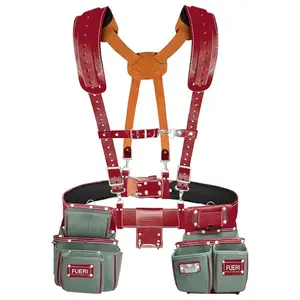 FUERI Nylon and Leather Tool Belt with Suspender comes with 19 Pocket with Adjustable Foam Padded Belt,Heavy Duty Pouches, 4 D-Loops, Leather Suspender and hammer holder for Carpenters & Electricians, Belt-Mounted Tool Bags, Heavy-Duty Tool Bags