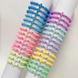 30Pcs Elegant Polymer Clay Stretch Bracelets with Cross Pendants, Stackable Macaron Color Beaded Jewelry Set for Women, Daily & Gift Occasions