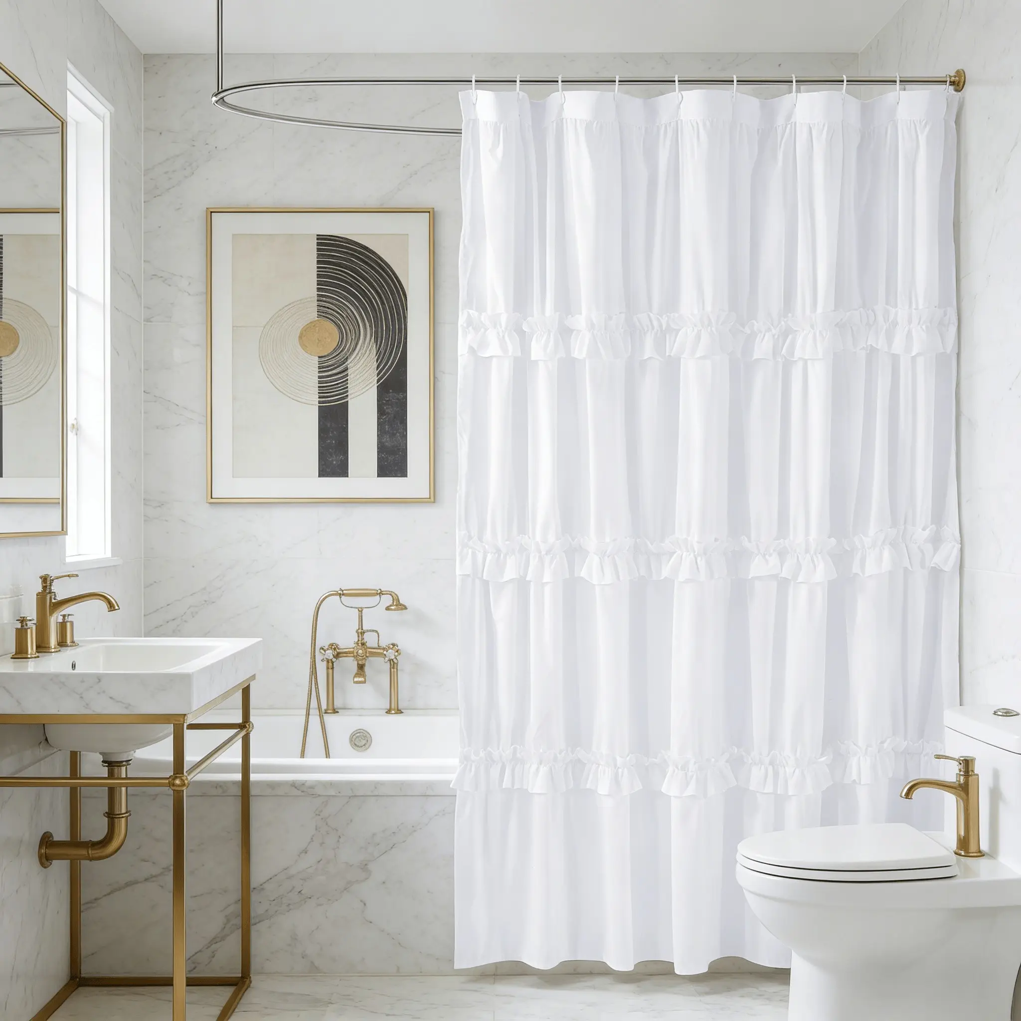 Ruffled Fringe Shower Curtain, 72x72 Inch Polyester Fiber, Artistic Patchwork Design, Eyelet Holes for Easy Hanging, Bathroom Shower Curtains, Shower Curtain Sets, Shower Decor