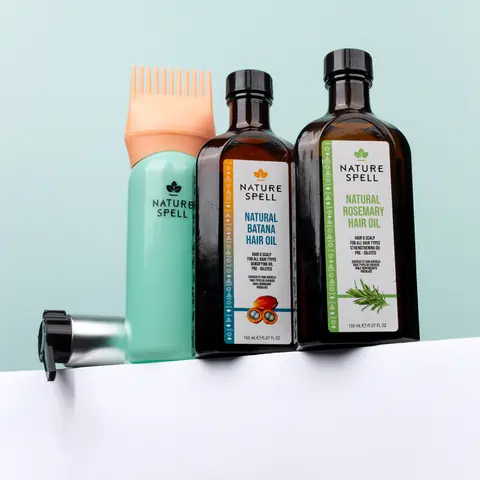 Nature Spell Rosemary & Batana Hair Oil Set with Pump and Applicator for Nourishment, Hydration, and Scalp Wellness