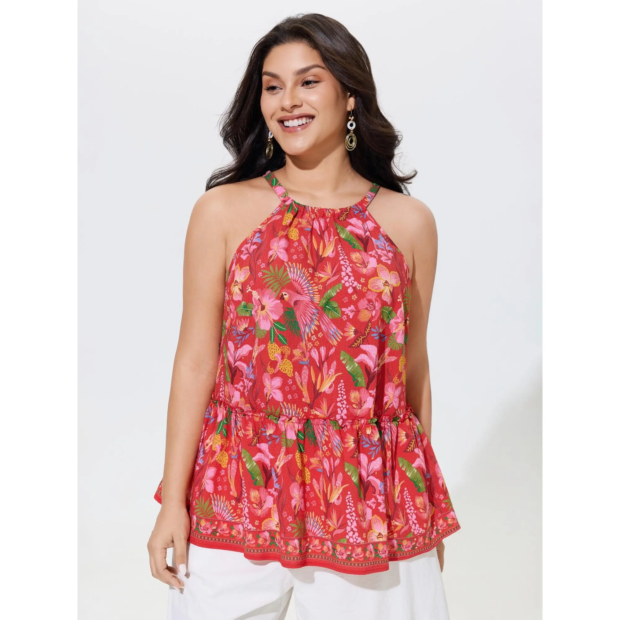 BLOOMCHIC Women's Plus Size Sleeveless Halter Neck Tank Top - Polyester Smooth Fabric Garment, Tropical Parrot Floral Print [M-6X] 2026 Summerfinds