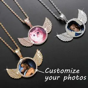 2025 Valentine's Day Family Heirloom Quality Personalized Photo Pendant Necklace with Rhinestone Wing Frame, Customizable Chain Jewelry Gift for Women