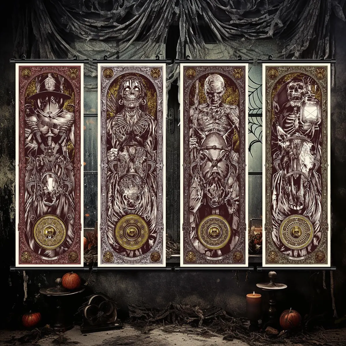 Halloween Hanging Banner, Decoration Banner, 4 Counts Vintage Skull Poster, Wall Art for Home Living Room Bedroom Decor