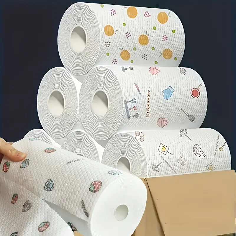 Reusable Multi-Purpose Polyester Non-Woven Kitchen Towel Wipes - 2 Rolls (200pcs), Absorbent, Soft, Wet & Dry Use, No Power/Battery Needed, Assorted Patterns, Essential Home Care Supplies for Cleaning, Outdoors