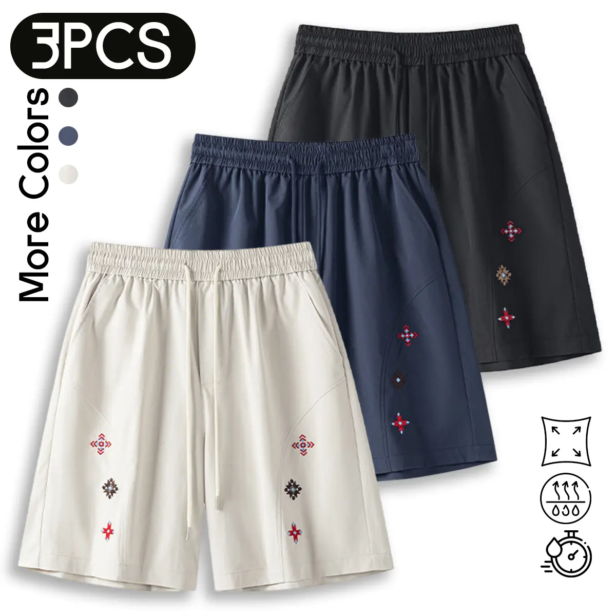 3 Packs Men's Vintage Ethnic Print Shorts, Summer Casual Beach Shorts, Fashion Embroidered Design Athletic Shorts for Men
