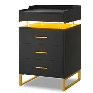 Modern Nightstand, Sikaic LED Bedside Table with 3 Storage Drawers, Stylish Black Wood Bedside Cabinet, Stylish Bedside Table