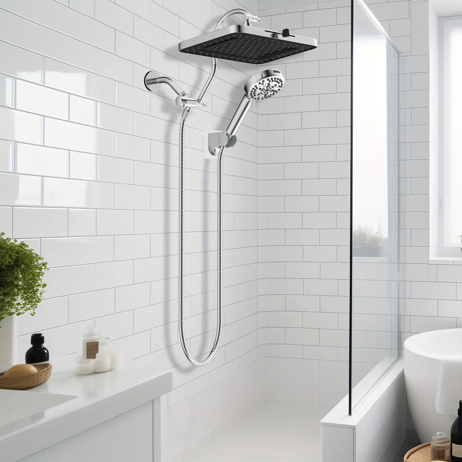 Hibbent Upgraded 5-spray 13'' Shower Head, High Pressure Rainfall Shower Head, Dual Showerhead Combo With 10-mode Handheld Spray, 12'' Adjustable Extension Arm, 71'' Hose, Showerhead Holder