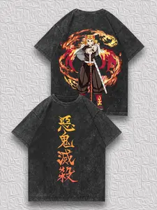 valentine shirts Men's Vintage Distressed Double-Sided T-Shirt - Demon Slayer Kyojuro Rengoku Print, Flame Surround & "Demon Extermination" Text, Retro Trendy Unique Niche Top