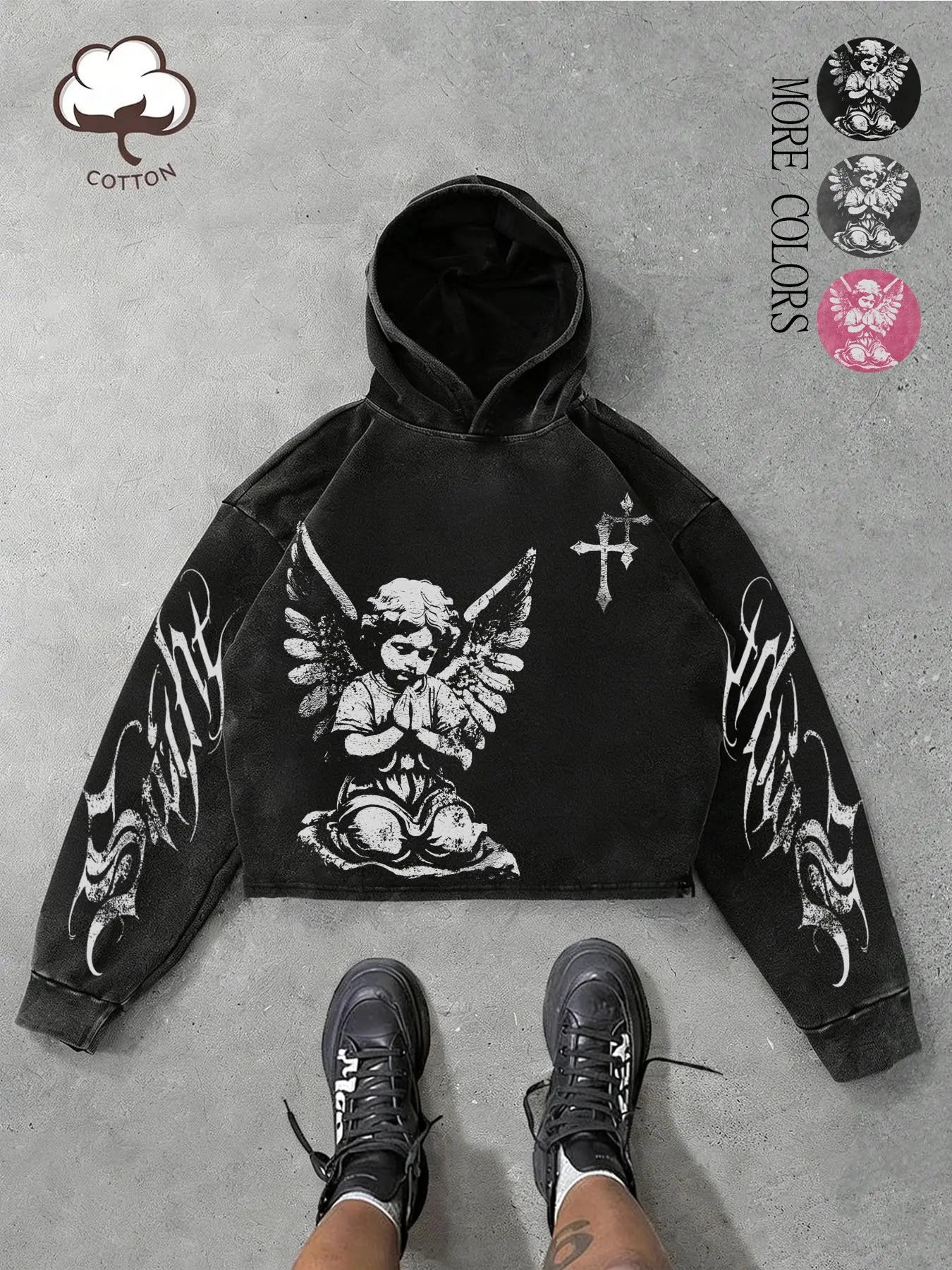 Unisex, Fashion hoodies, Casual streetwear pullover, Streetwear-inspired, Vintage, Graphic, water-washed hooded sweatshirt with an angel motif, Casual fit, cotton fabric, Thin sweatshirt suitable for everyday wear in spring and autumn