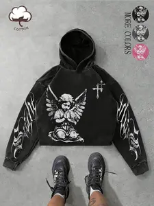 Unisex style, Streetwear-inspired, retro-style, Vintage, Graphic, water-washed hooded sweatshirt with a cute angel motif, Casual and relaxed fit, cotton fabric, soft and comfortable, Thin sweatshirt suitable for everyday wear in spring and autumn