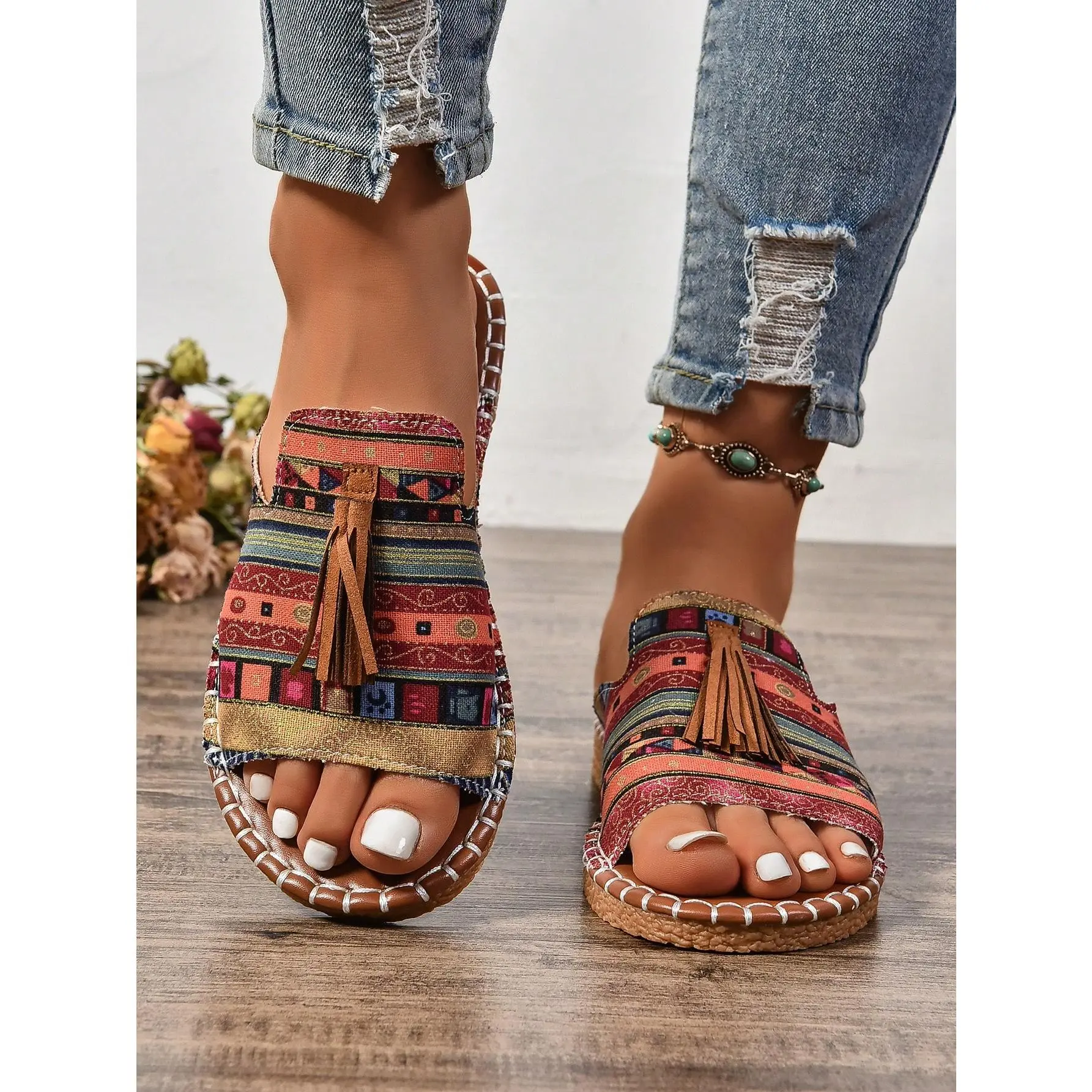 DealsForYouDays Rainbow Summer Sandals 2026 Boho Colorful Mexican Vacation Flats Slides Shoes