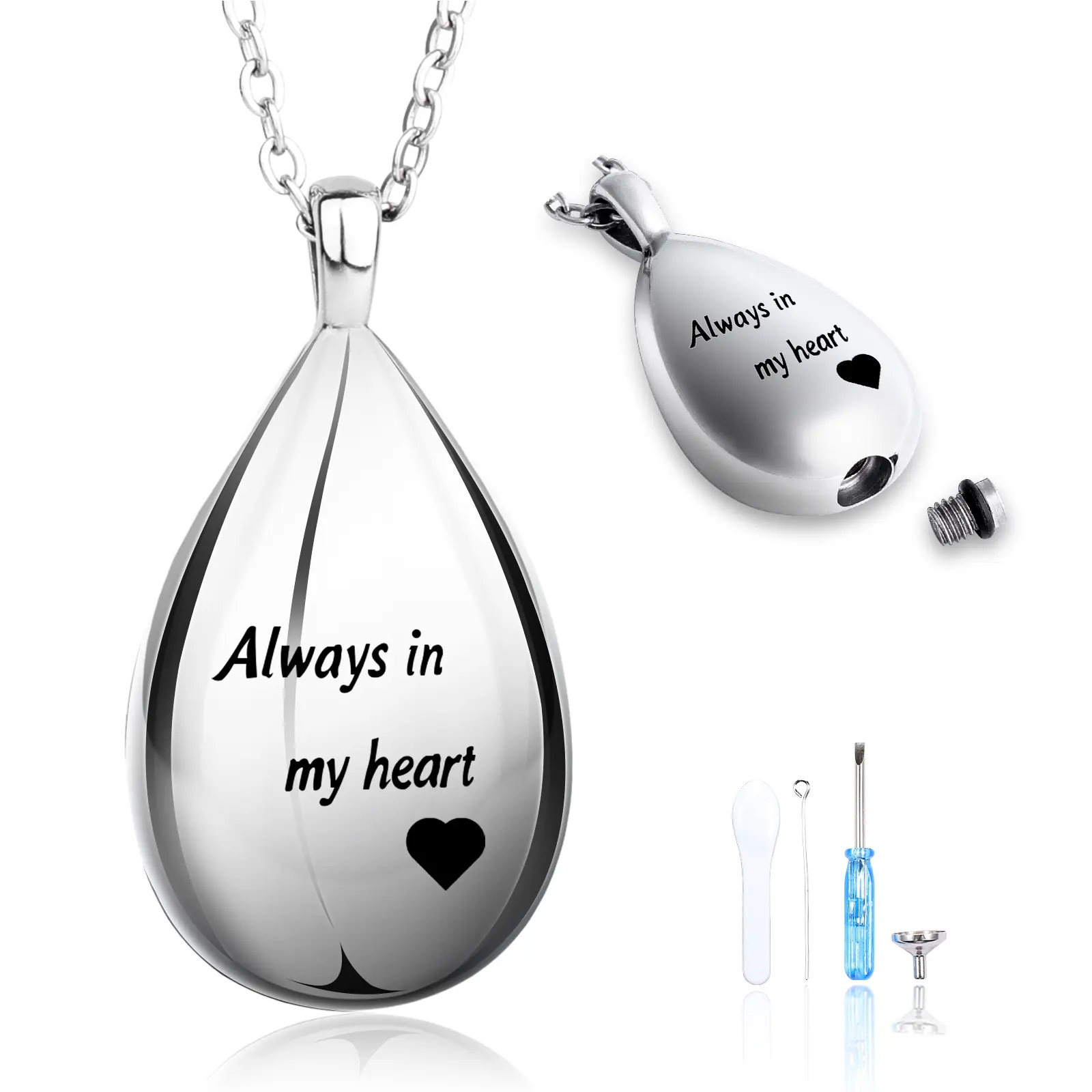 EIGIIS Stainless Steel Teardrop-Shape Pet Memorial Urn Necklace, Waterproof Cremation Keepsake Locket Pendant with Adjustable Chain, Gift for Pet Owners