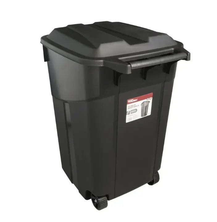 Hyper Tough 45 Gallon Wheeled Heavy Duty Plastic Garbage Can, Attached Lid, Black