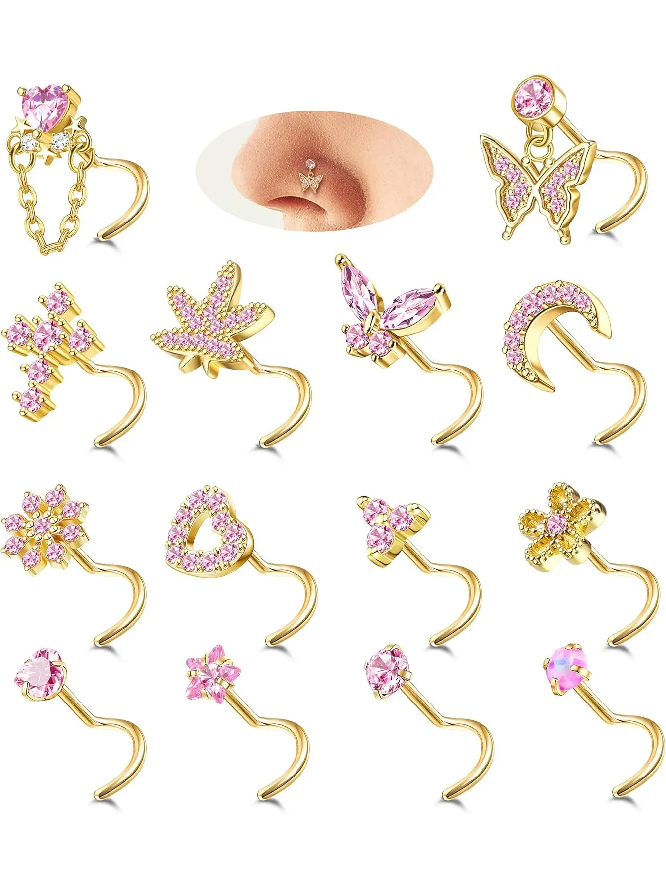 14pcs 20g Dangle Nose Studs for Women, L Shaped 14k Silver Color Stainless Steel, Cz Heart Moon Butterfly Nose Piercing Jewelry