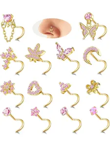 12Pcs 20G Dangle Nose Studs for Womens L Shaped 14K Gold Plated Silver Stainless Steel Corkscrew Dangly Nose Rings Stud CZ Heart Moon Butterfly Nose Piercing Jewellery for Women Body Jewelry Set