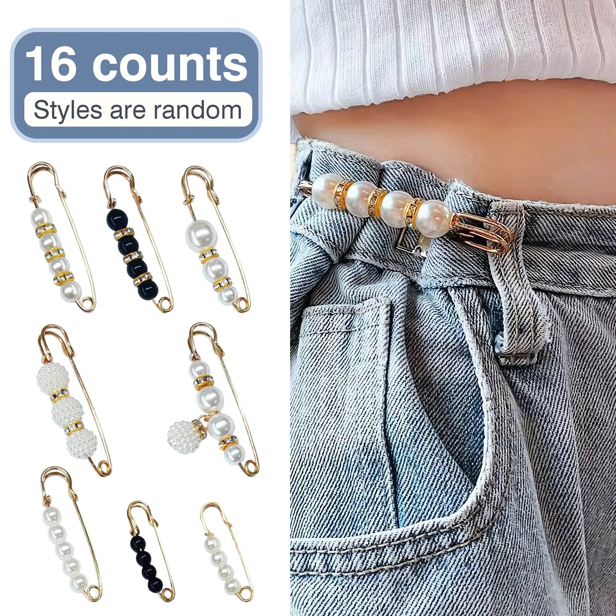 16 Counts Pearl Brooch Pins, Faux Pearl Clothing Dresses Decoration, No Sewing Sweater Shawl Safety Pins Cardigan Collar Safety Pins for Women Pant Tightener, Mixed Style Assortment