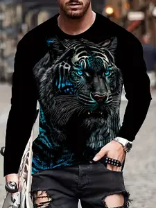 Men's Streetwear Casual Trendy Stylish 3D Geometric Pattern Print Fitted Round Neck Crewneck Long Sleeve T-Shirt, Fashion Versatile Men's Top, Perfect for Outdoor Activities, Casual Fashion Clothing