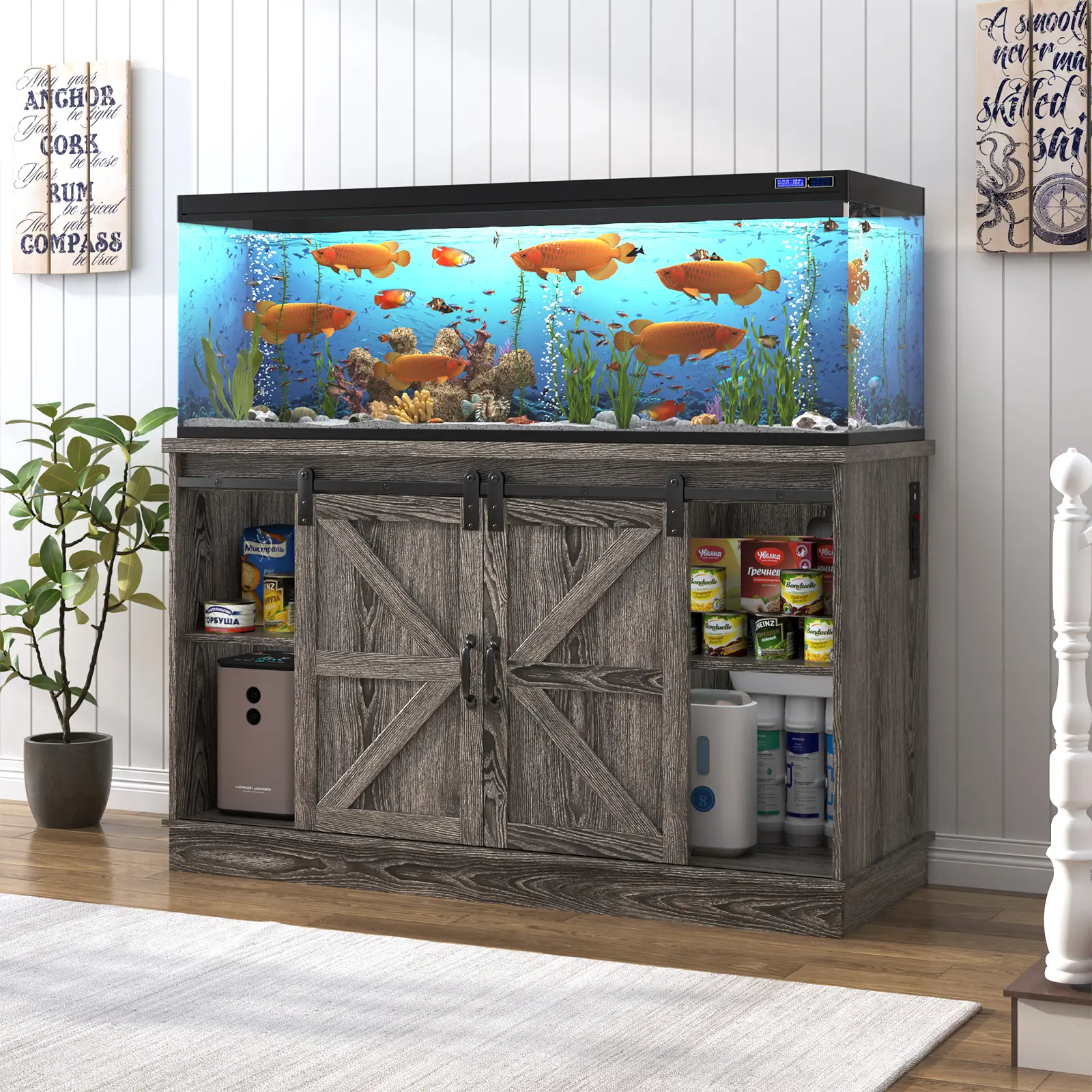 Farmhouse MDF Aquarium Stand - 55-75 Gal Dual Tank Support, 52”L x 19.7”W x 31.4”H, Heavy-Duty Construction, Spacious Cabinet Storage, Sliding Barn Door, Built-In Power Supply, Adjustable Shelves, Easy to Assemble, Farmhouse Charm