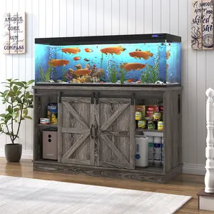 Farmhouse Aquarium Stand for 55-75 Gallon Tank, Fits 2 Fish or Reptile Tanks, with Cabinet Storage, Sliding Barn Door & Built-in Power Outlet