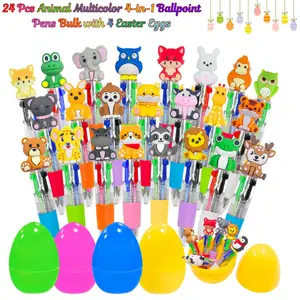 24 Pcs Animal Multicolor 4-in-1 Ballpoint Pens Bulk with 4 Easter Eggs – Easter Basket Stuffers, Easter Egg Fillers, Party Favors, School Classroom Gift for Kids Girls Boys